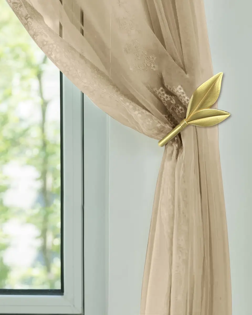 J JHOUSELIFESTYLE Gold Curtain Holdbacks 2 Pack | Elegant Metal Olive Leaf Wall Mount Hooks - main product image