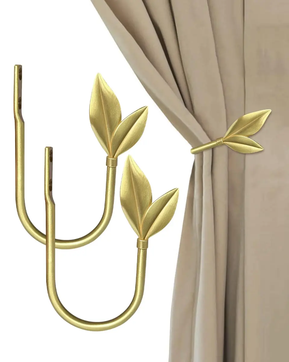 J JHOUSELIFESTYLE Gold Curtain Holdbacks 2 Pack | Elegant Metal Olive Leaf Wall Mount Hooks - view 5