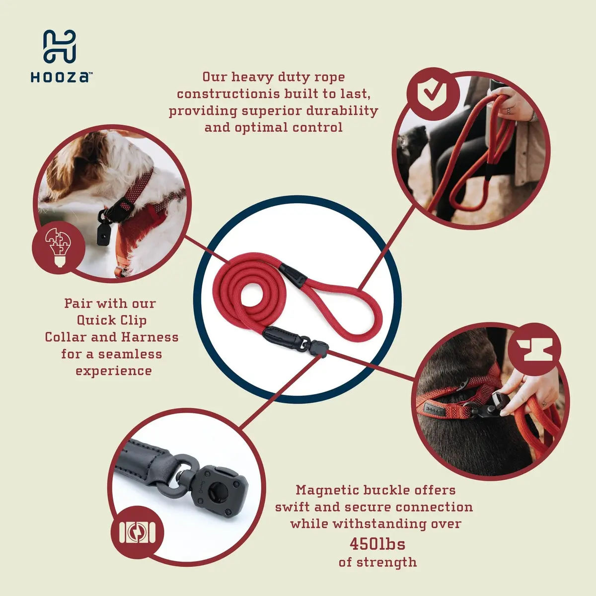 HOOZA Magnetic Rope Leash - Red, Medium | Quick Clip Magnetic Dog Leash with Heavy-Duty Rope - view 2