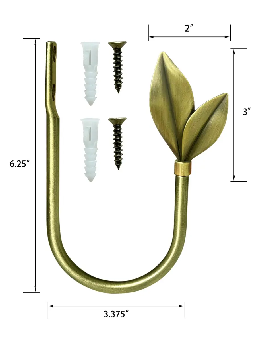J JHOUSELIFESTYLE Antique Brass Curtain Holdbacks 2 Pack | Metal Olive Leaf Wall Mounted Decor (6.25 inch) - view 3