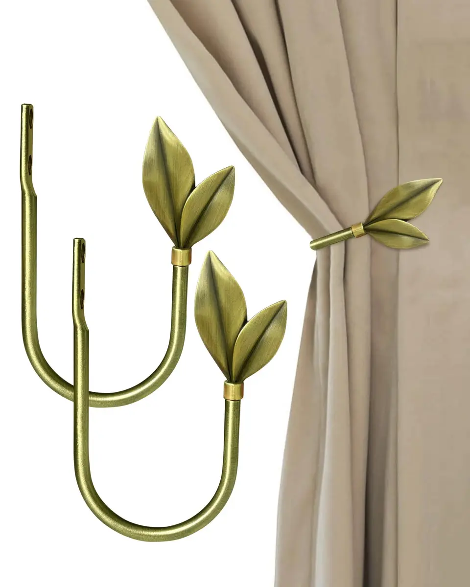 J JHOUSELIFESTYLE Antique Brass Curtain Holdbacks 2 Pack | Metal Olive Leaf Wall Mounted Decor (6.25 inch) - view 4