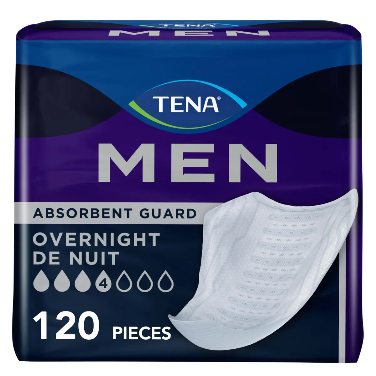 TENA Men Overnight Guards 120 ct | Discreet, Ultra-Absorbent, Odor-Controlled Incontinence Pads for Men - main product image