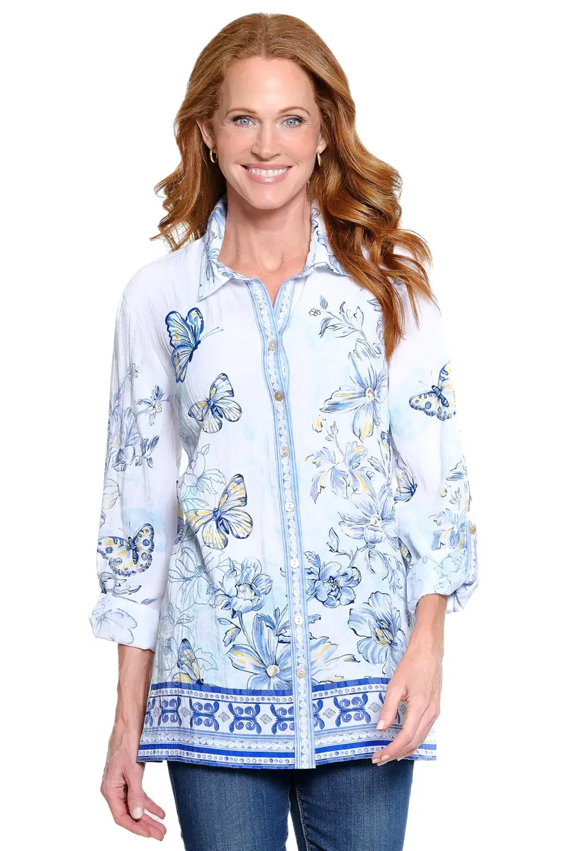john mark Womens Tunic | Embroidered Stripe Front with Roll Tab Sleeves (Off White | 2X) - main product image