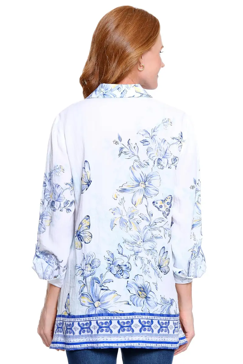 john mark Womens Tunic | Embroidered Stripe Front with Roll Tab Sleeves (Off White | 2X) - view 2