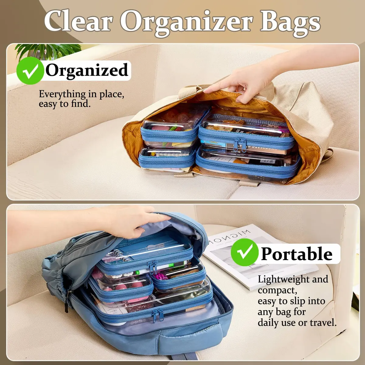 WELPIRT Clear Zipper Pouches, Hard Shell Zipper Case (M+3S) | Waterproof, Stackable, Transparent Organizer - view 2