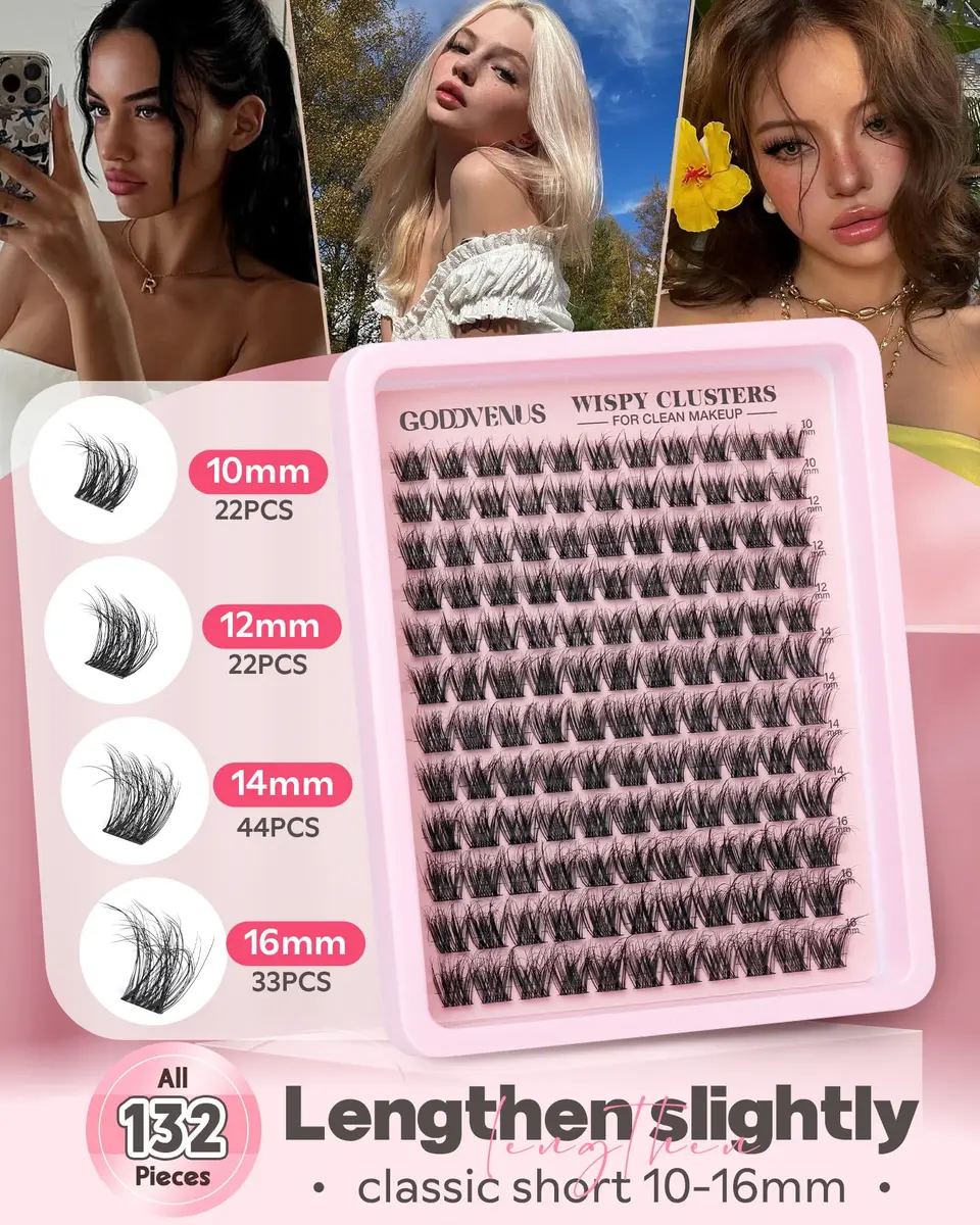 Goddvenus Natural Wispy Lash Clusters 132pcs | Fluffy CD Curl DIY Individual Eyelash Extensions (10-16mm) - view 4