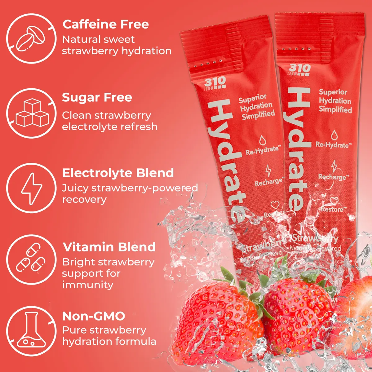 310 Nutrition Sugar Free Electrolytes Powder - Strawberry | Instant Hydration, Zero Sugar, Low Calories - view 5