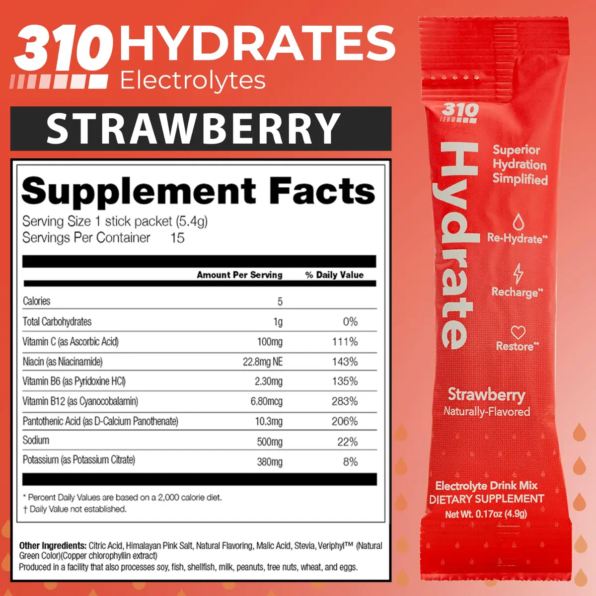310 Nutrition Sugar Free Electrolytes Powder - Strawberry | Instant Hydration, Zero Sugar, Low Calories - view 4