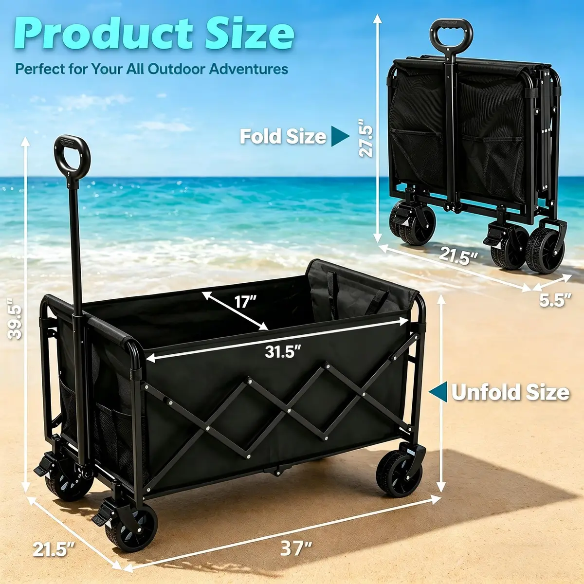 LIAPOTT Utility Cart Wagon 500lbs Heavy Duty Foldable Collapsible Garden Trolley with All-Terrain Wheels & Drink Holders - view 4