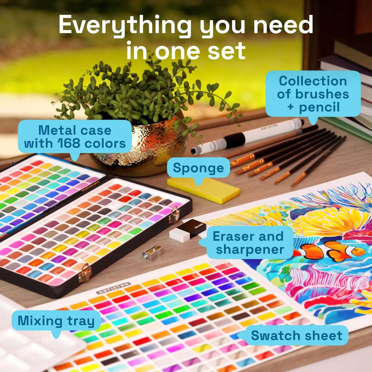 ARTISTRO Watercolor Paint Set with Palette & Brush Pens - 168 Colors | High-Quality Artist Watercolors - view 2