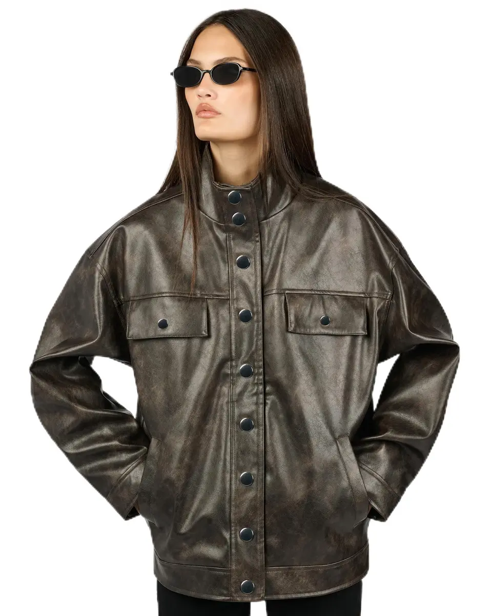 WEWOREWHAT Women's 90's Leather Jacket, Dark Brown, Medium | Classic Leather Style for Women - main product image