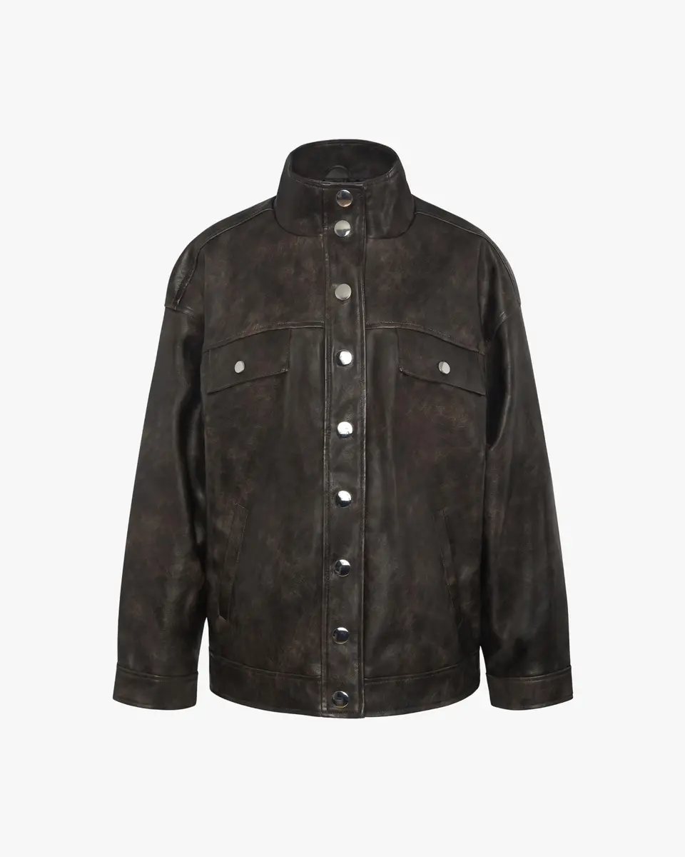 WEWOREWHAT Women's 90's Leather Jacket, Dark Brown, Medium | Classic Leather Style for Women - view 2