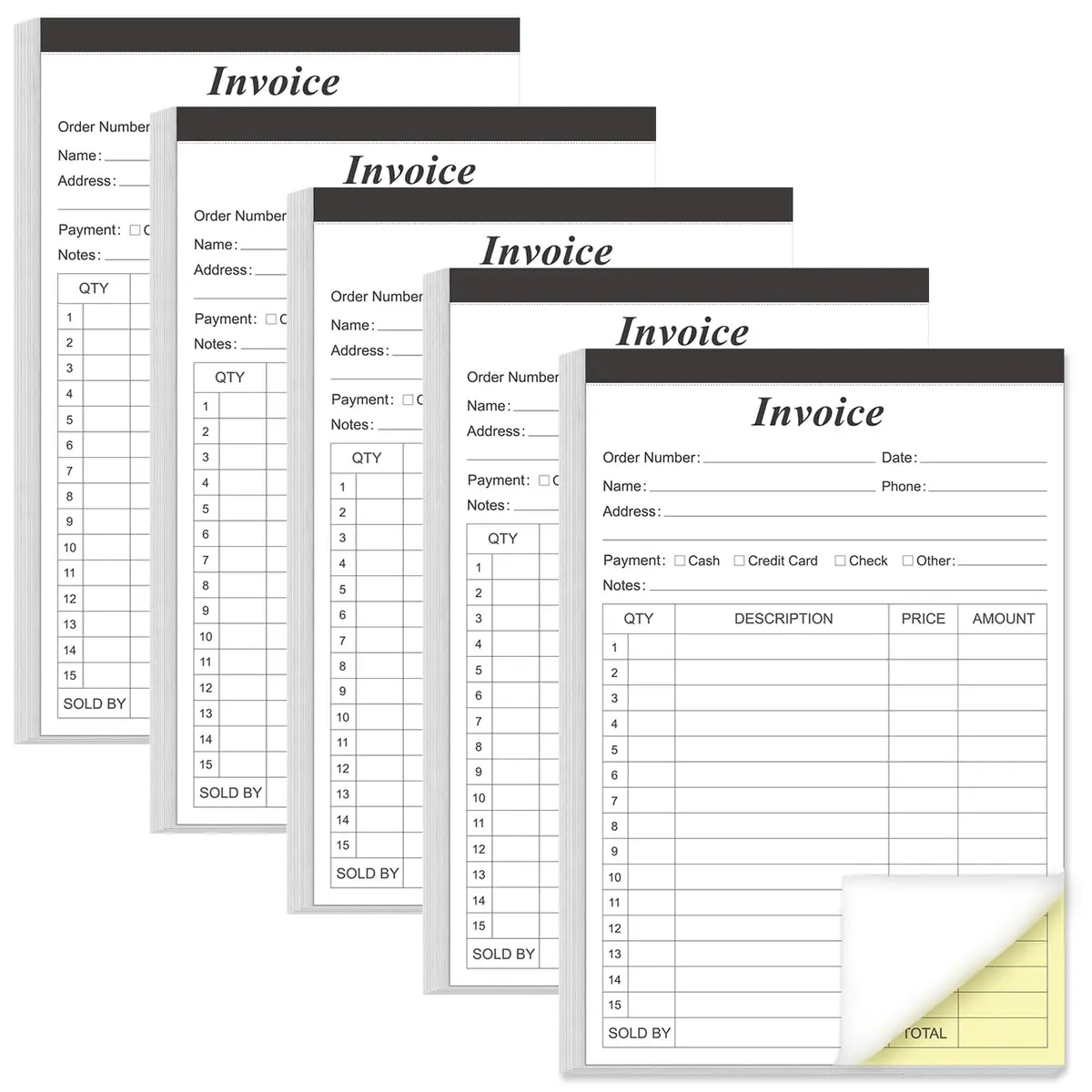 Yaridar Invoice Receipt Book 5-Pack | Carbonless 2-Part, 5.5" x 8.5" for Small Business - main product image