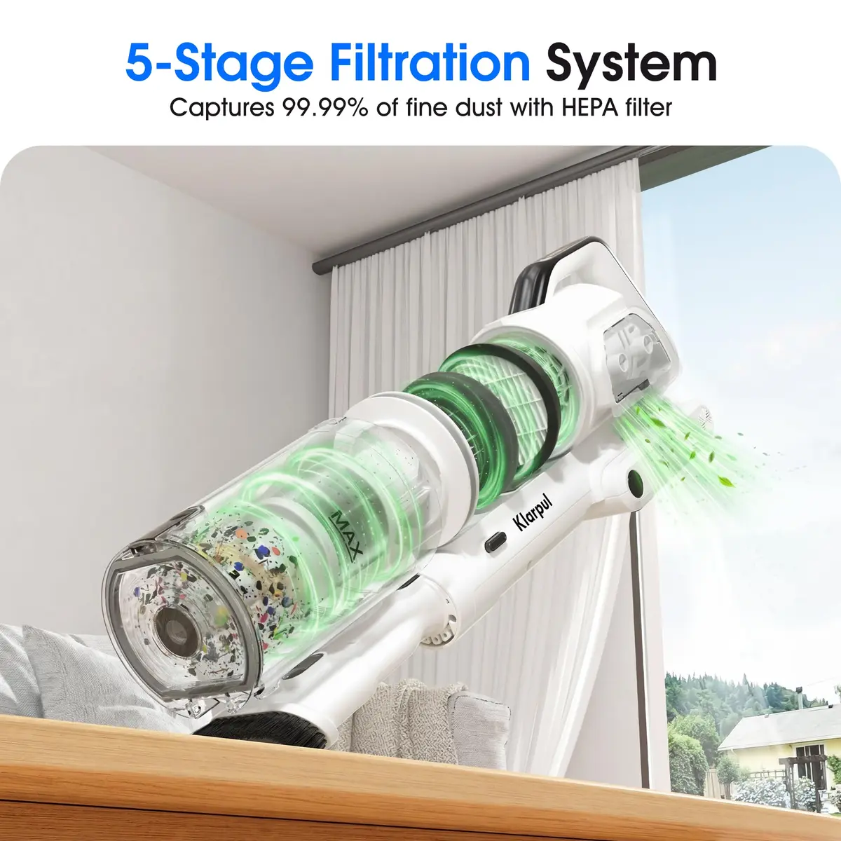 Klarpul Cordless Vacuum Cleaner 2 Batteries 140 Mins | 50Kpa Strong Suction, Self-Standing, 5-Stage HEPA, 3 Modes, 1.8L Dust Cup, White - view 8