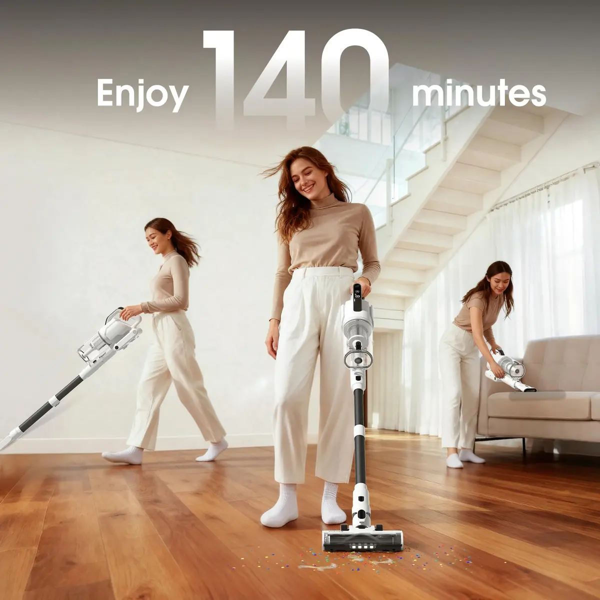 Klarpul Cordless Vacuum Cleaner 2 Batteries 140 Mins | 50Kpa Strong Suction, Self-Standing, 5-Stage HEPA, 3 Modes, 1.8L Dust Cup, White - view 9