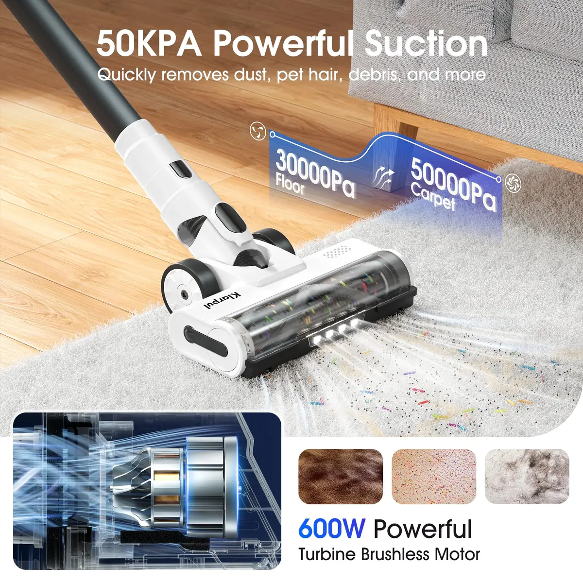 Klarpul Cordless Vacuum Cleaner 2 Batteries 140 Mins | 50Kpa Strong Suction, Self-Standing, 5-Stage HEPA, 3 Modes, 1.8L Dust Cup, White - view 2