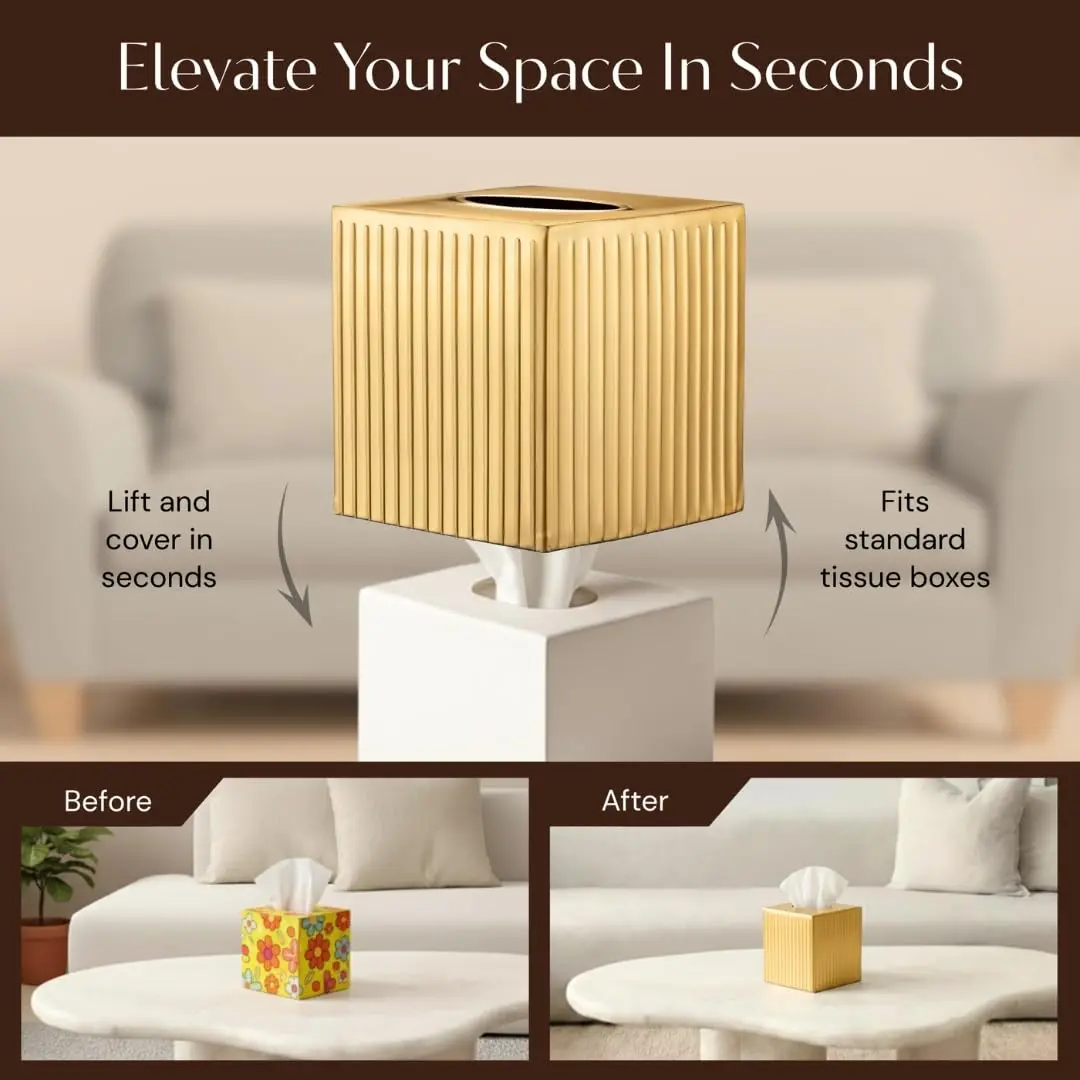 Monarch Abode Brushed Gold Metal Square Tissue Box Cover | Decorative Bathroom Accessory for Modern Home Decor - view 6