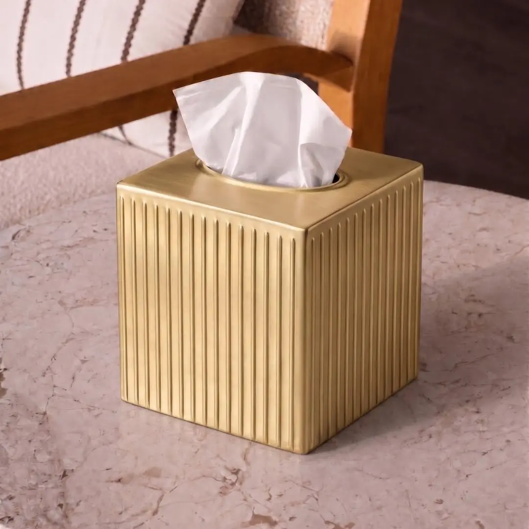 Monarch Abode Brushed Gold Metal Square Tissue Box Cover | Decorative Bathroom Accessory for Modern Home Decor - view 2
