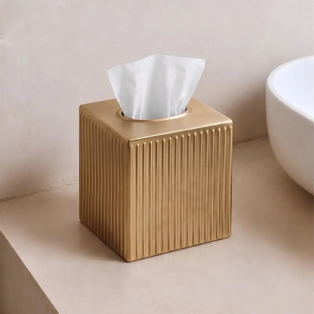 Monarch Abode Brushed Gold Metal Square Tissue Box Cover | Decorative Bathroom Accessory for Modern Home Decor - view 3