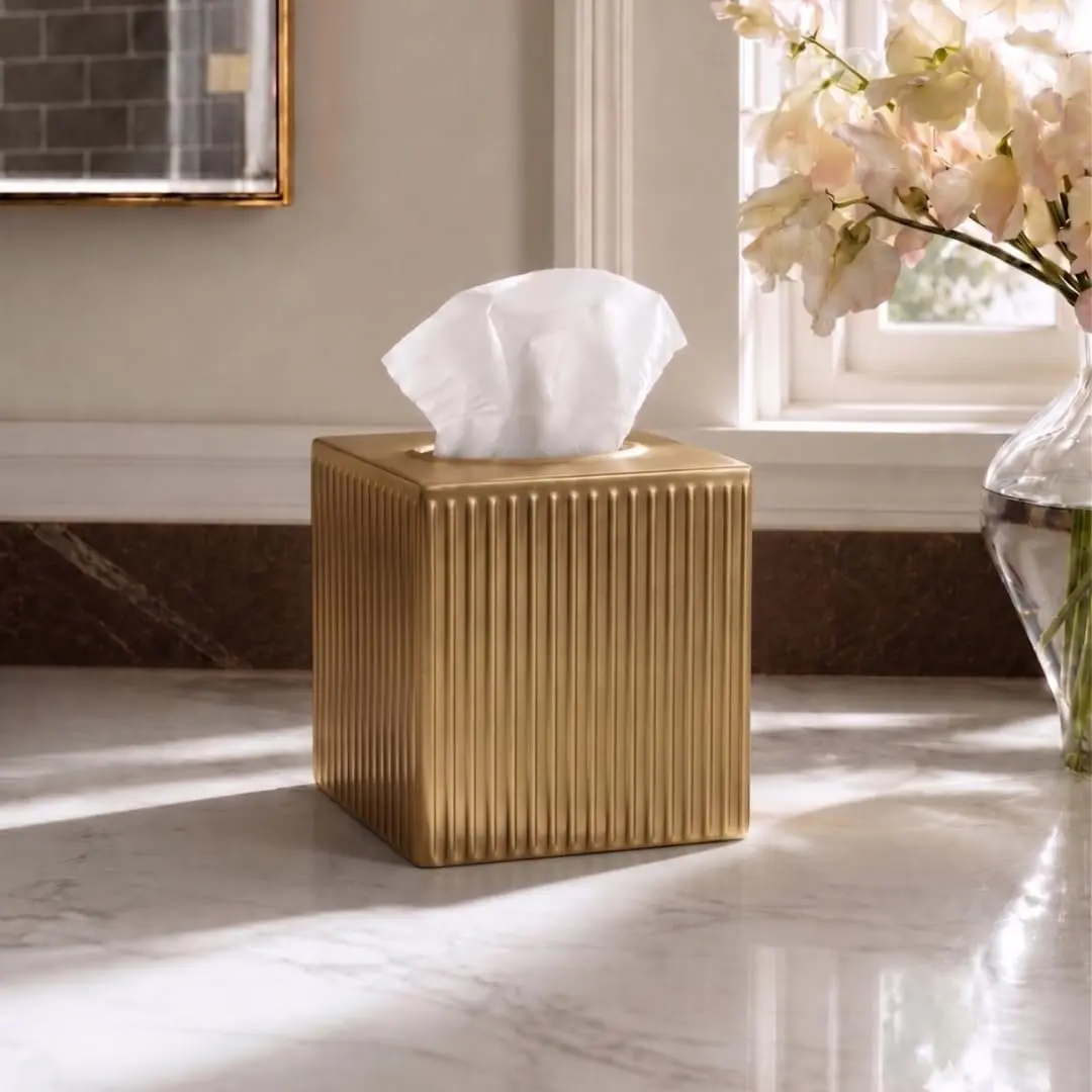 Monarch Abode Brushed Gold Metal Square Tissue Box Cover | Decorative Bathroom Accessory for Modern Home Decor - view 4