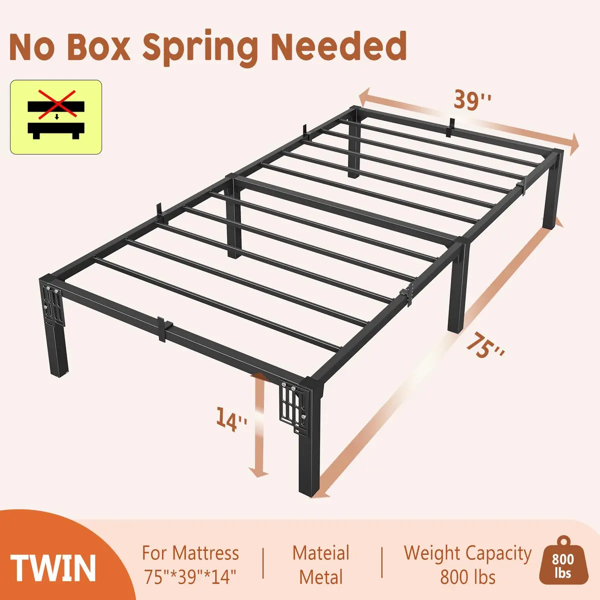 SLEKVERSA Twin Bed Frame 14 Inch High Platform with Storage Support Steel Support - view 2