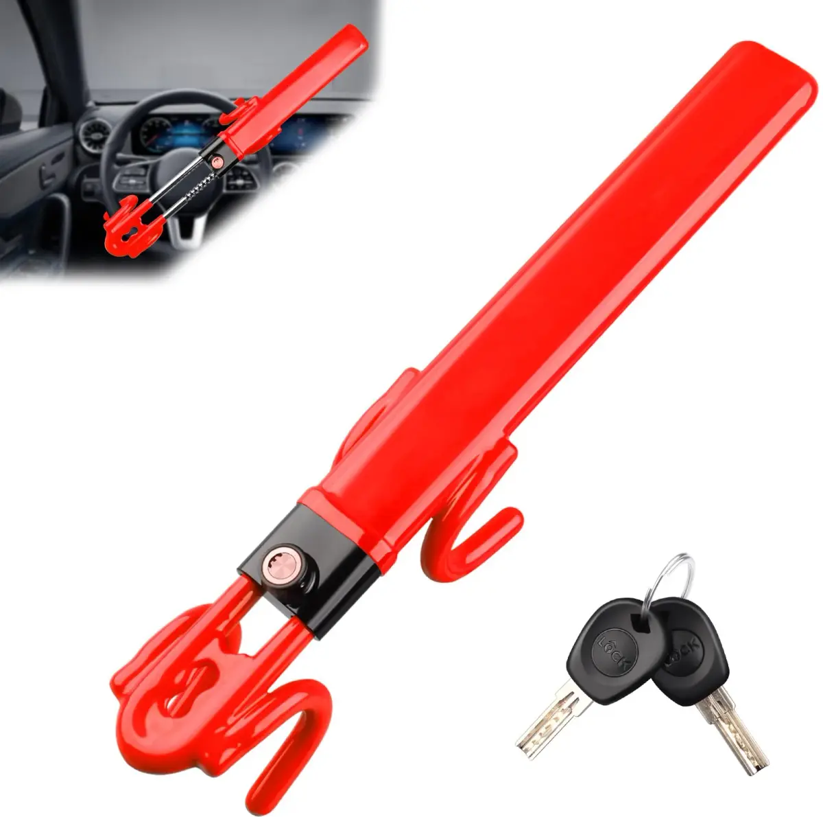 NOEAIKE Heavy Duty Steering Wheel Lock with 2 Keys | Adjustable Carbon Steel Anti-Theft Device for Cars (Red, 1.83 kg) - main product image