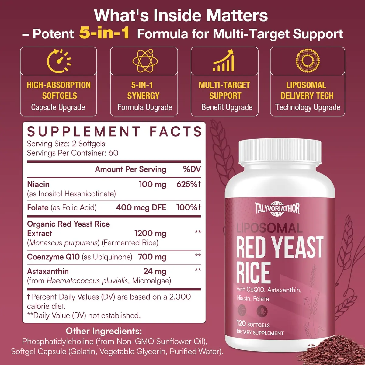 Talyvorlathor Liposomal Red Yeast Rice 1200mg with CoQ10 & Astaxanthin | Cholesterol Support & High Absorption - view 8