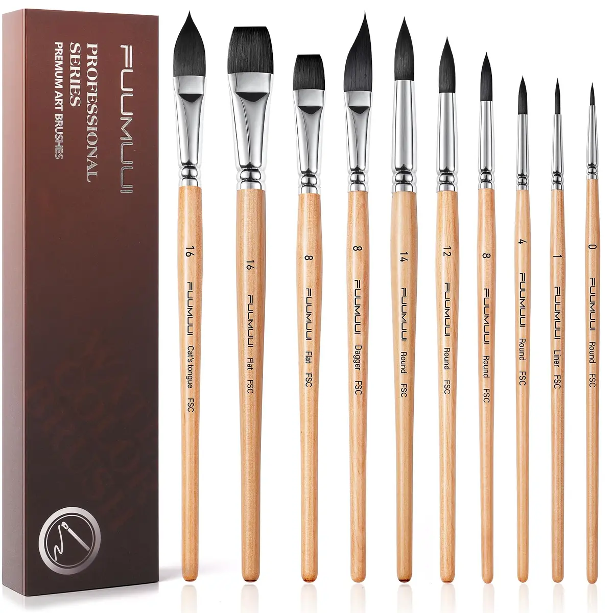 Fuumuui Watercolor Brush Set 10pcs Synthetic Squirrel Hair | Flat, Round, Dagger, Cat's Tongue, Oval Wash - main product image