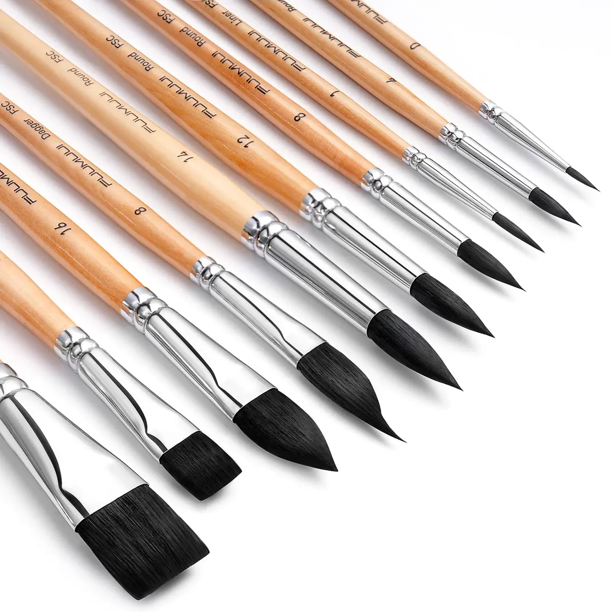 Fuumuui Watercolor Brush Set 10pcs Synthetic Squirrel Hair | Flat, Round, Dagger, Cat's Tongue, Oval Wash - view 2