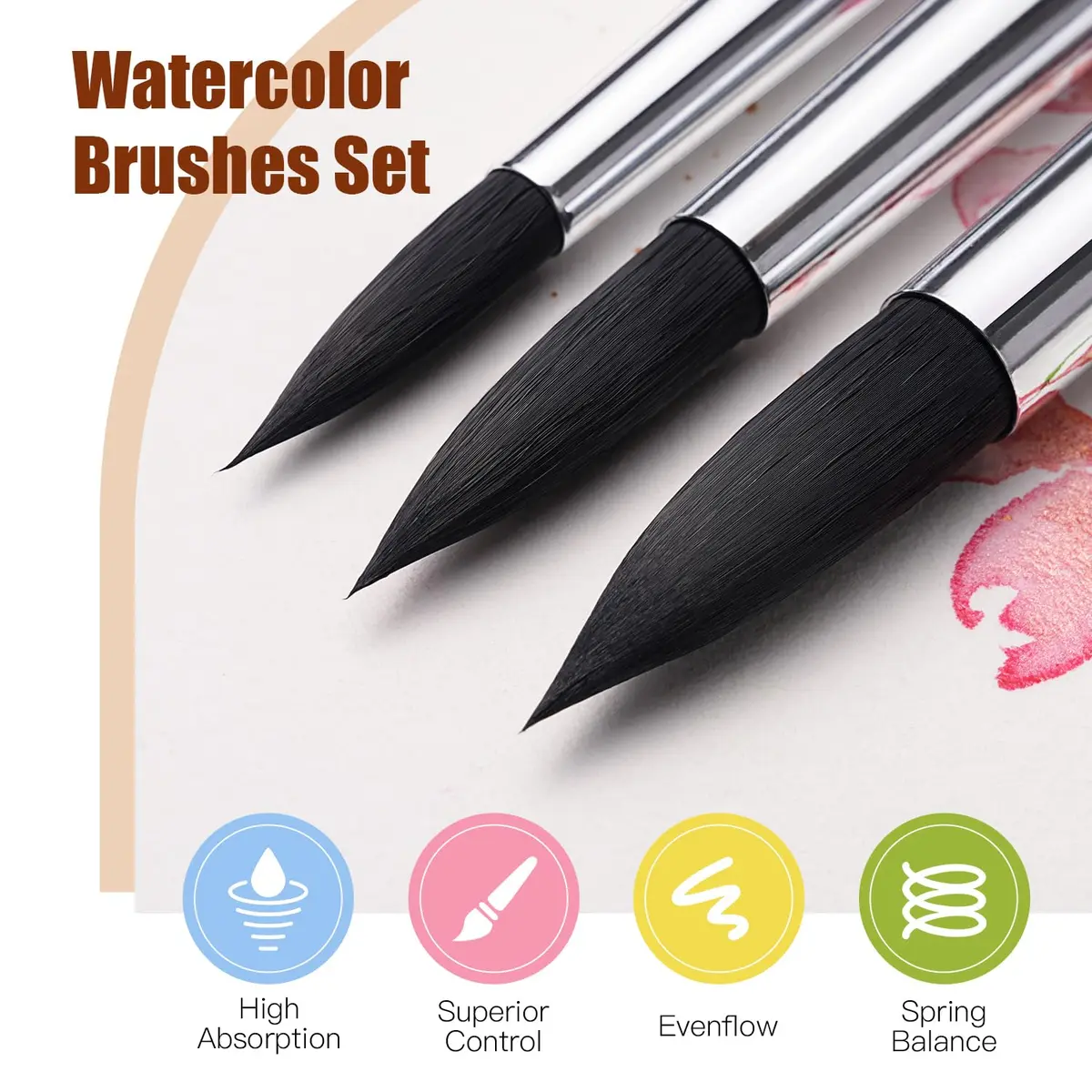 Fuumuui Watercolor Brush Set 10pcs Synthetic Squirrel Hair | Flat, Round, Dagger, Cat's Tongue, Oval Wash - view 3