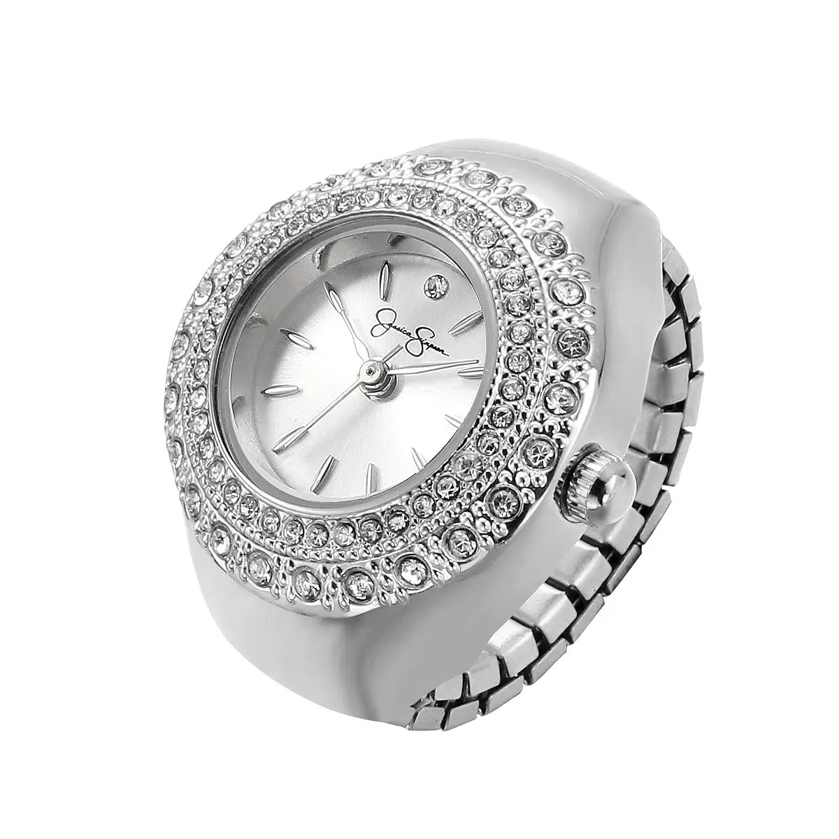 Jessica Simpson Silver Adjustable Ring Watch – Crystal Bezel, Quartz Analog Mini Dial, Stretch Band Fashion Jewelry Accessory - main product image