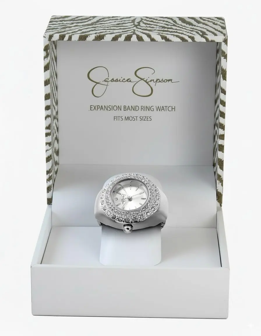 Jessica Simpson Silver Adjustable Ring Watch – Crystal Bezel, Quartz Analog Mini Dial, Stretch Band Fashion Jewelry Accessory - view 9