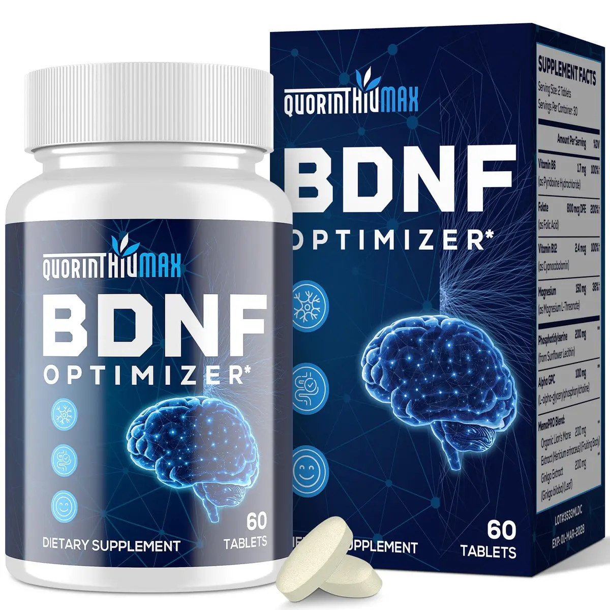 Quorinthiumax Nootropic Brain Supplement 60 Tablets | Organic Lion's Mane & BDNF Optimizer for Memory & Focus - main product image