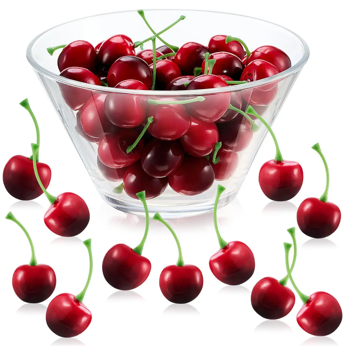 Skylety Dark Red Artificial Cherries with Stems, 50 Pieces (2cm) | Realistic Fake Fruit for Decor - main product image