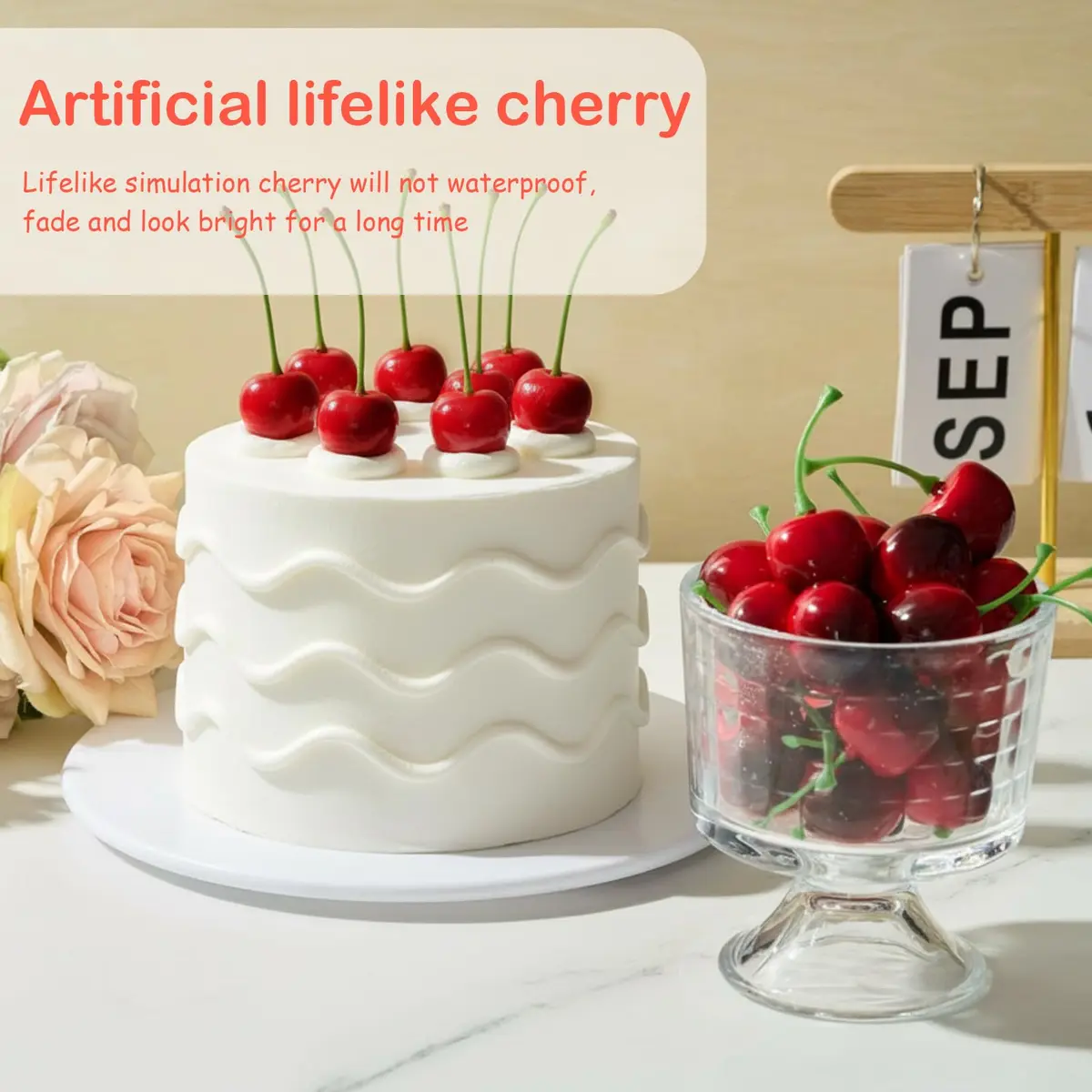 Skylety Dark Red Artificial Cherries with Stems, 50 Pieces (2cm) | Realistic Fake Fruit for Decor - view 5
