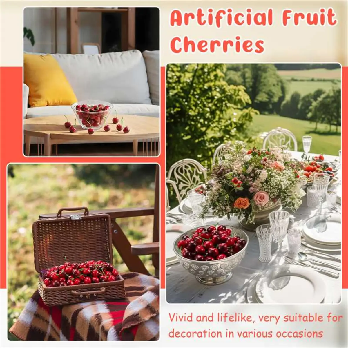 Skylety Dark Red Artificial Cherries with Stems, 50 Pieces (2cm) | Realistic Fake Fruit for Decor - view 6