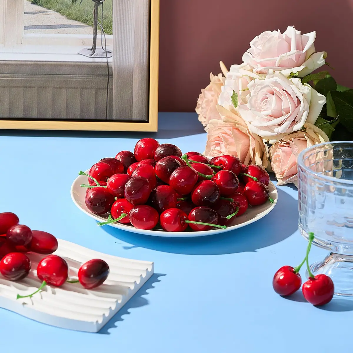 Skylety Dark Red Artificial Cherries with Stems, 50 Pieces (2cm) | Realistic Fake Fruit for Decor - view 7