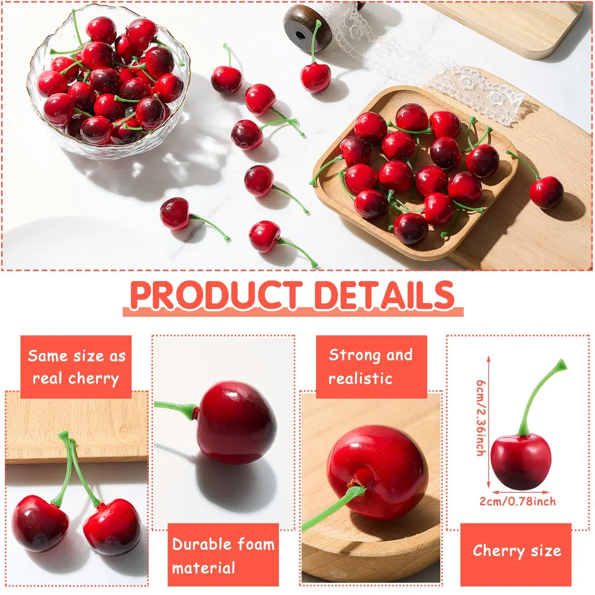Skylety Dark Red Artificial Cherries with Stems, 50 Pieces (2cm) | Realistic Fake Fruit for Decor - view 2