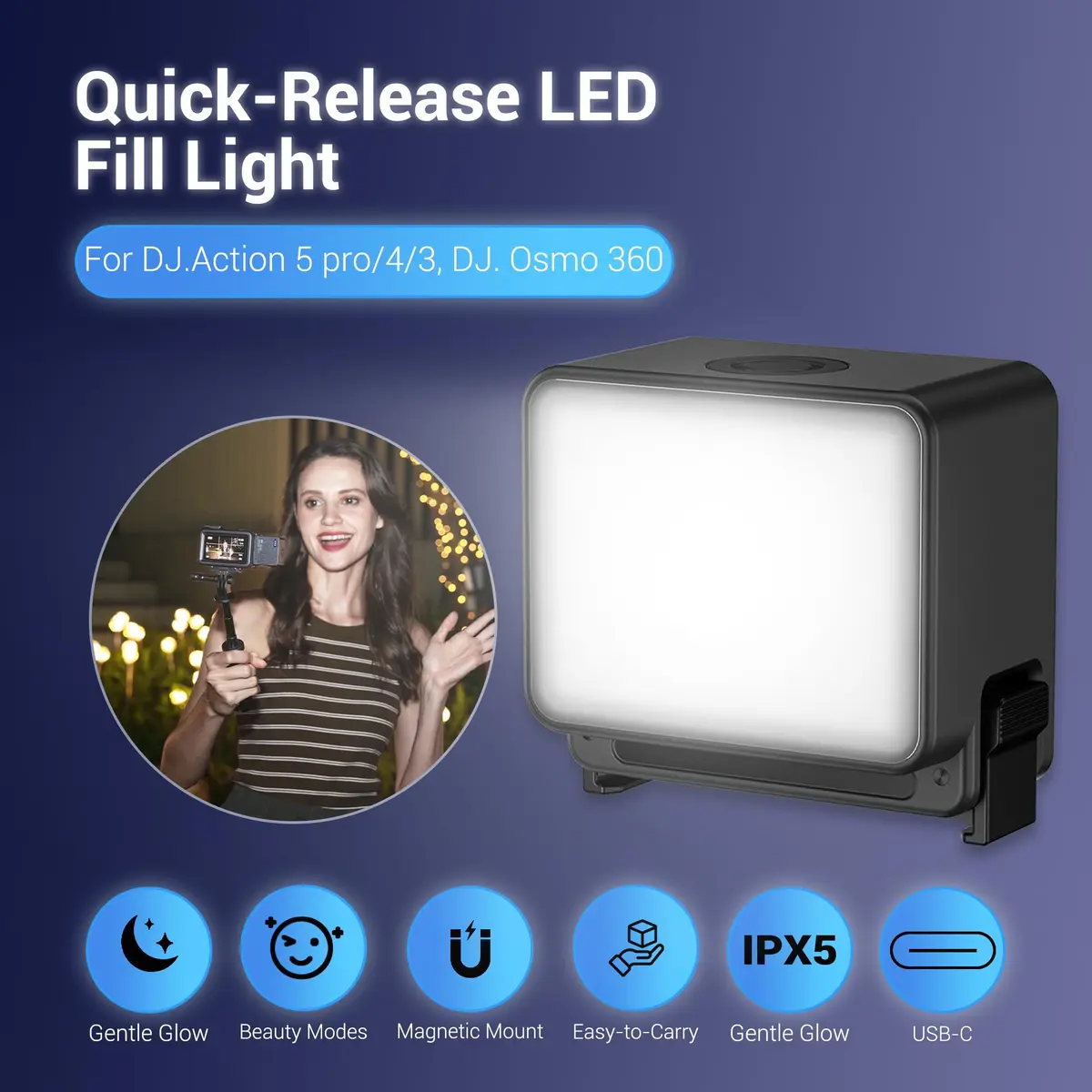 JJC Magnetic LED Light for DJI Osmo Action 5Pro 4 3 | Waterproof, SOS Mode, Rechargeable - view 2