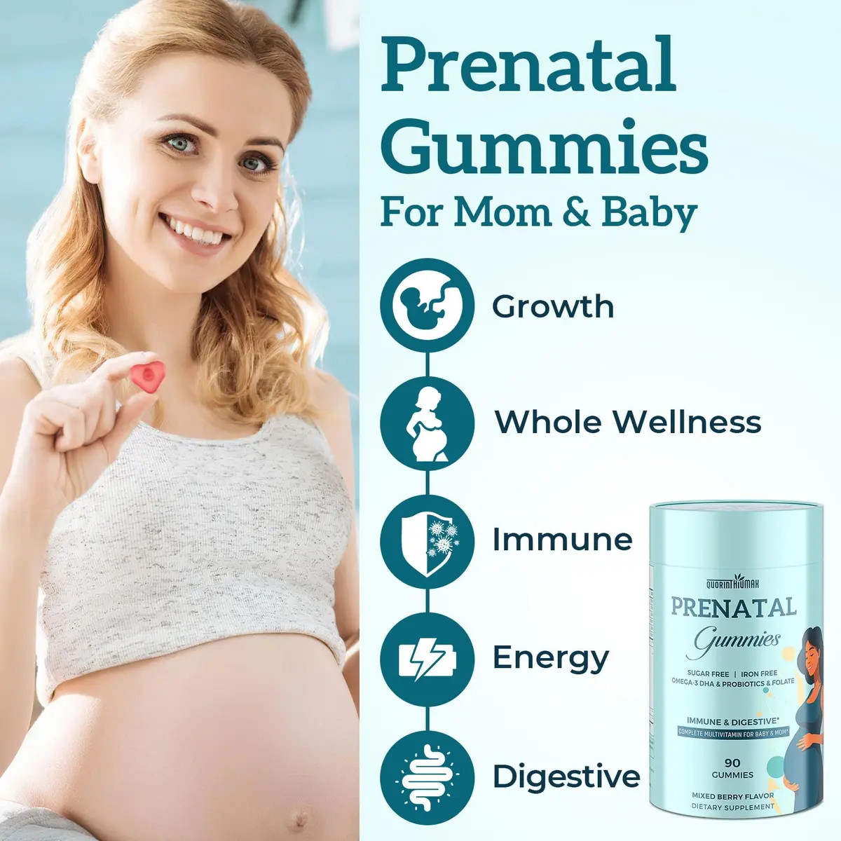Quorinthiumax Prenatal Gummies Sugar Free 90 Count | Vegan, DHA & Probiotics Support for Expecting Moms - view 3