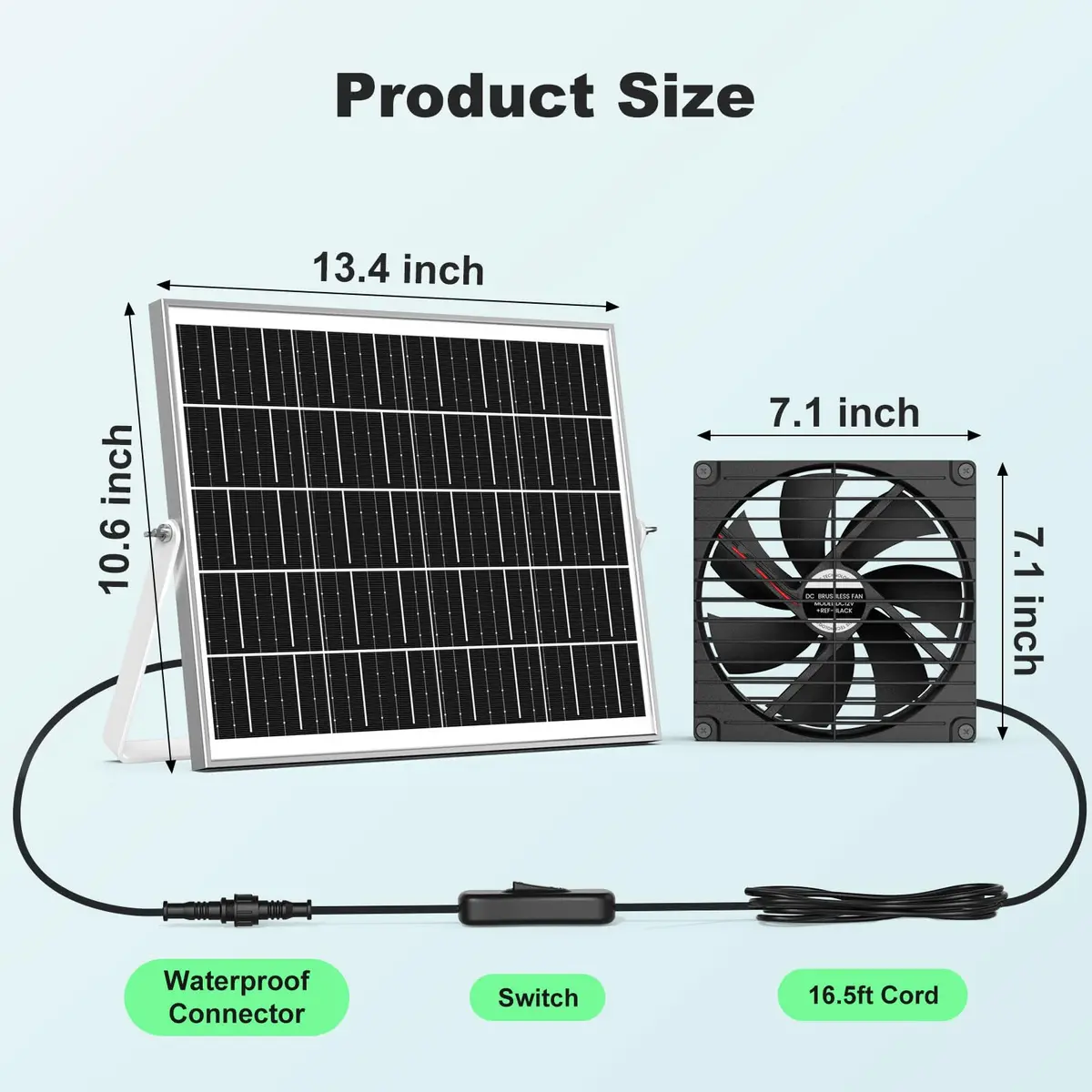pqins 7.1" Solar Greenhouse Fan 25W | 720 CFM Exhaust & Intake | 16.5 ft Cord - view 2