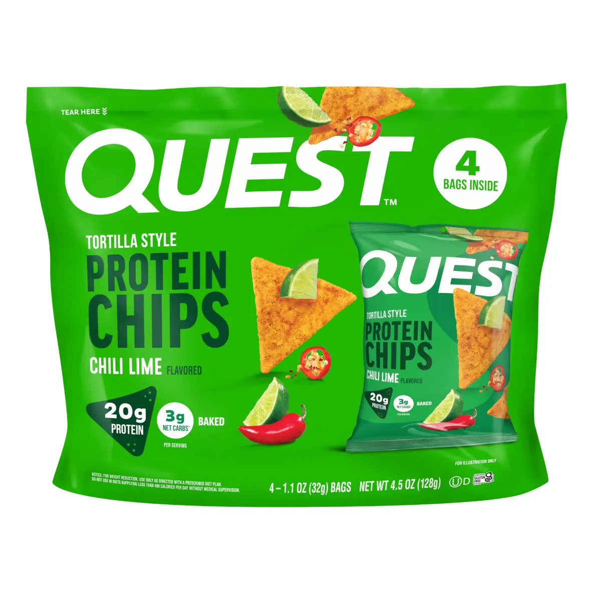 Quest Nutrition Chili Lime Tortilla Style Protein Chips 4 Pack | Baked, Gluten-Free, 20g Protein, 3g Net Carbs - main product image
