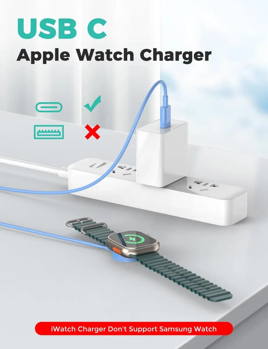 Amasuki Blue USB C Magnetic Fast Charging Cable for Apple Watch 1m (3.3ft) | Compatible with Series 1-10 & Ultra - view 2