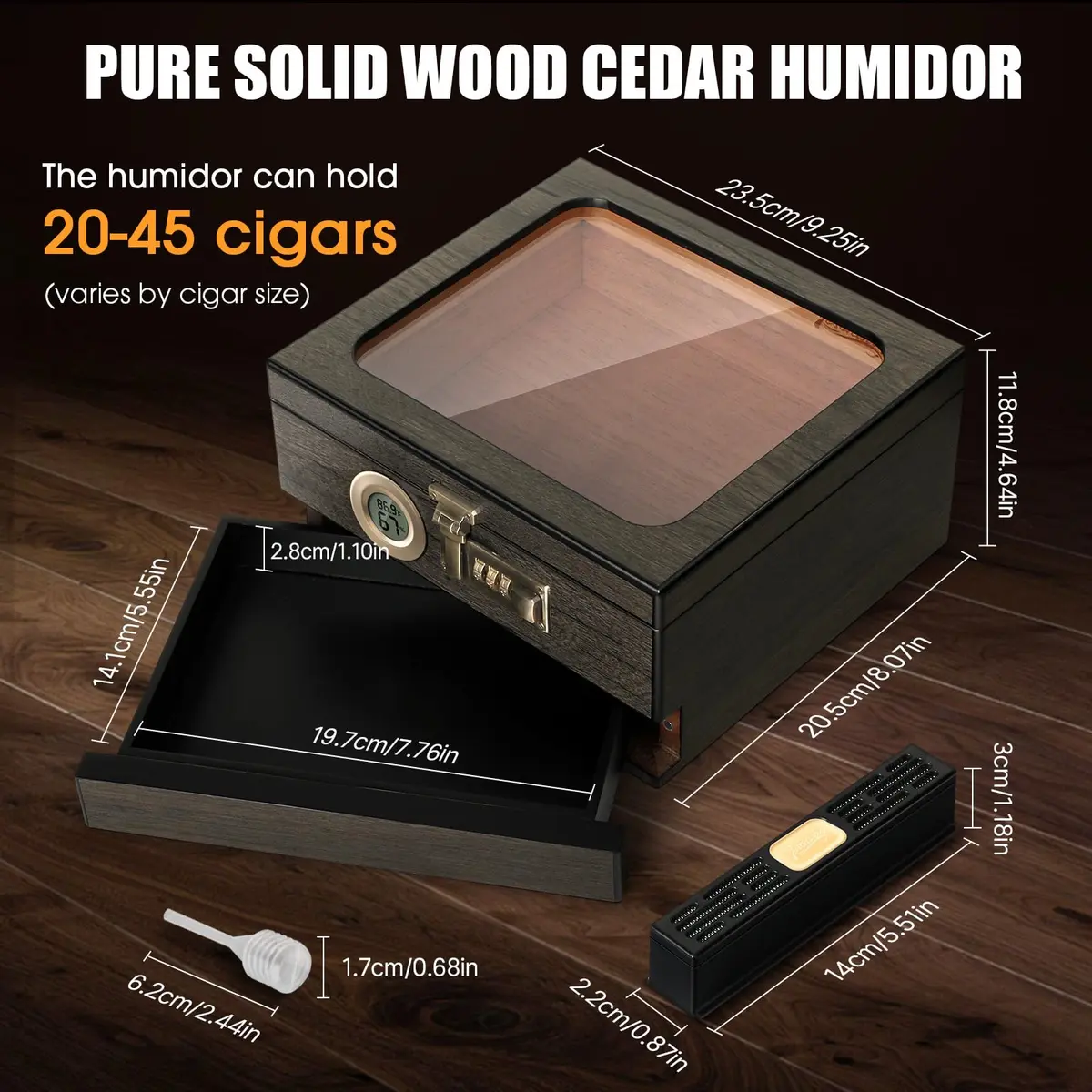 Tesonway Cedar Wood Cigar Humidor with Glass Top & Digital Hygrometer, 20-45 Cigar Capacity | Imported for India - view 5