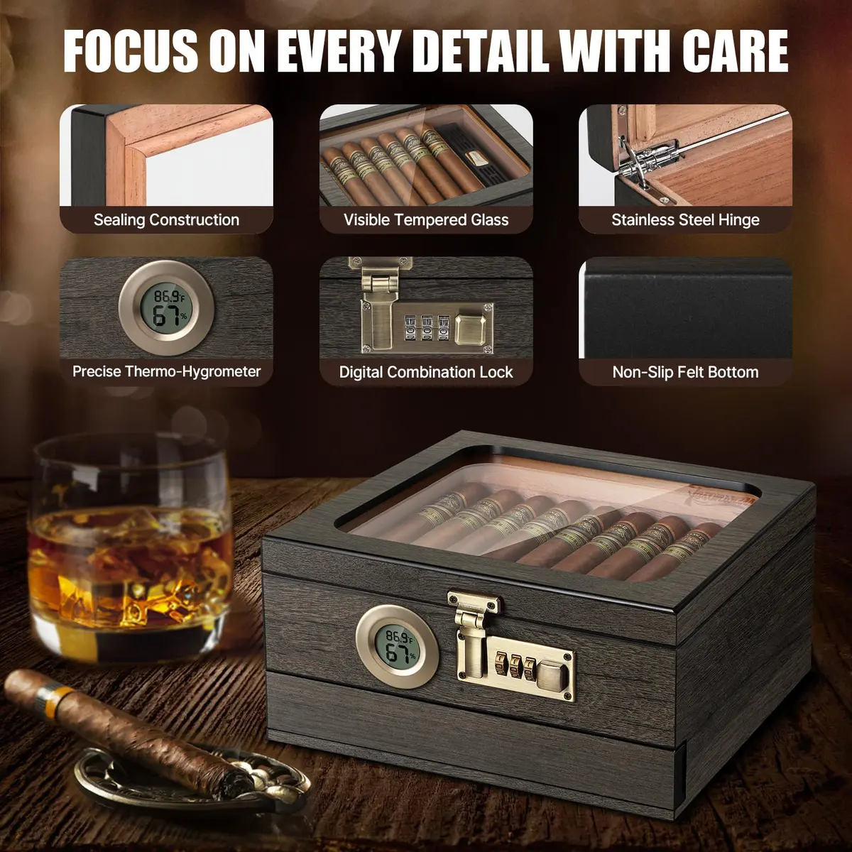 Tesonway Cedar Wood Cigar Humidor with Glass Top & Digital Hygrometer, 20-45 Cigar Capacity | Imported for India - view 7