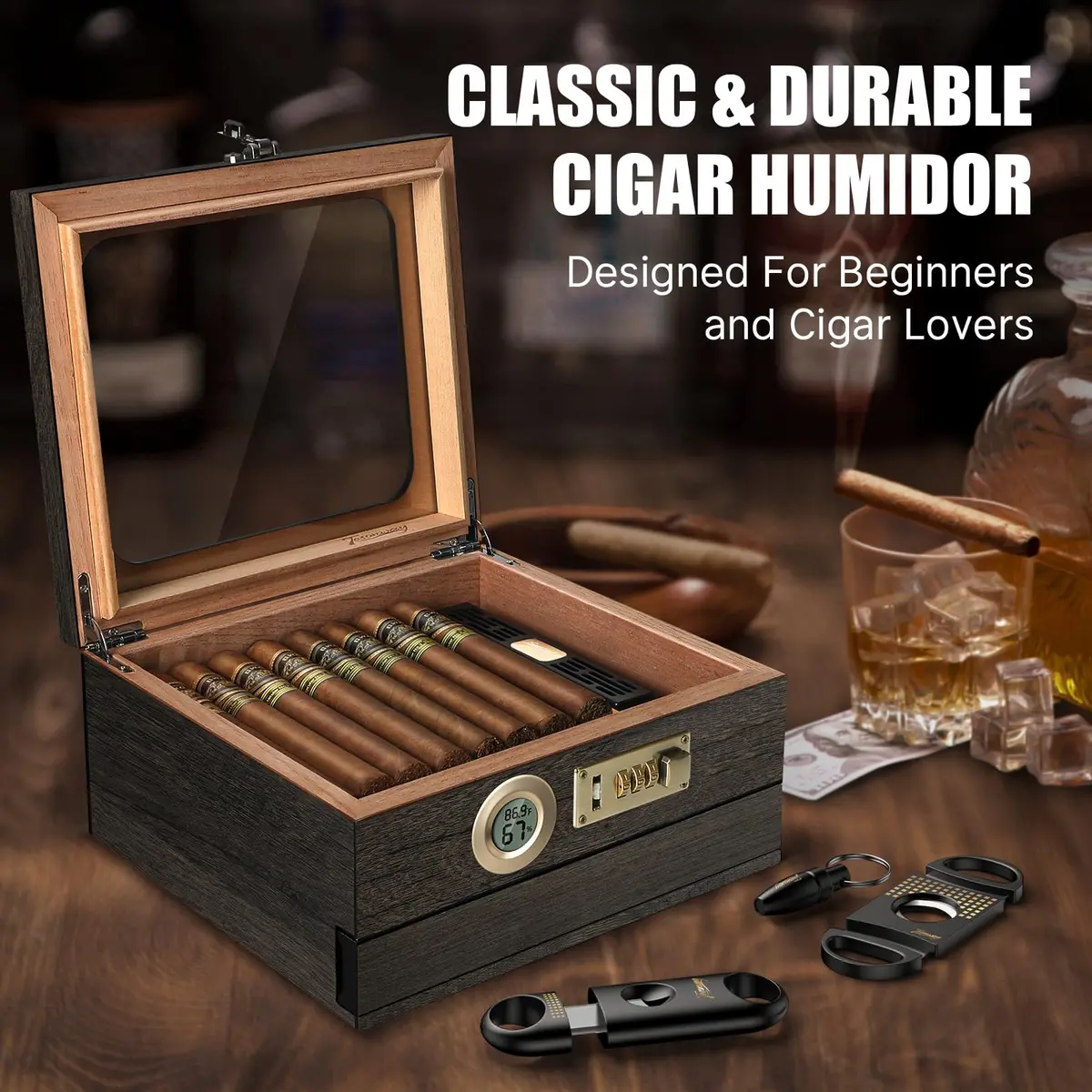 Tesonway Cedar Wood Cigar Humidor with Glass Top & Digital Hygrometer, 20-45 Cigar Capacity | Imported for India - view 8