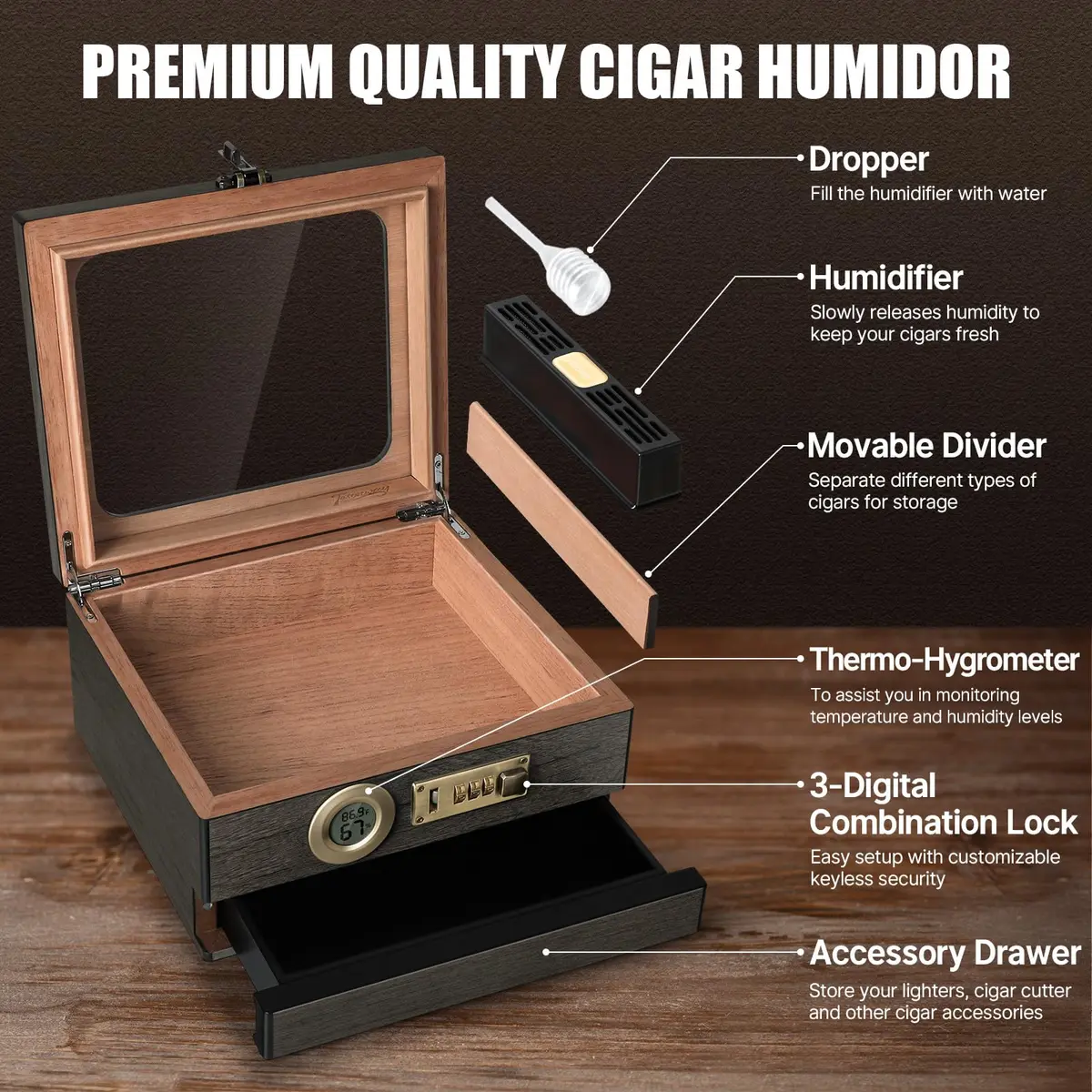 Tesonway Cedar Wood Cigar Humidor with Glass Top & Digital Hygrometer, 20-45 Cigar Capacity | Imported for India - view 2