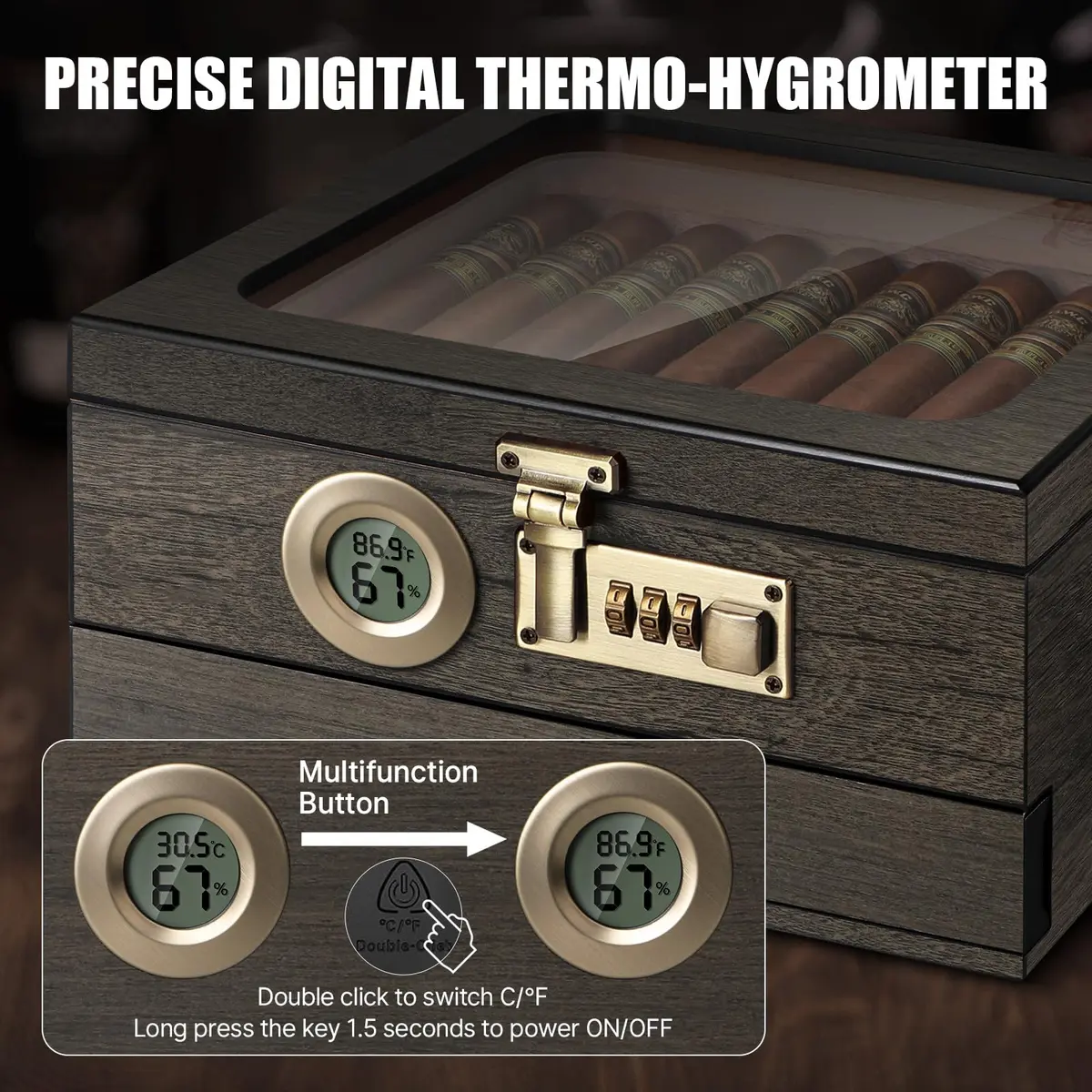 Tesonway Cedar Wood Cigar Humidor with Glass Top & Digital Hygrometer, 20-45 Cigar Capacity | Imported for India - view 4