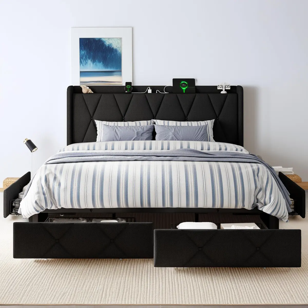 nesture. King Storage Bed Frame with 4 Large Drawers | Upholstered Button Headboard & Charging Station, Noise-Free, No Box Spring Needed - main product image