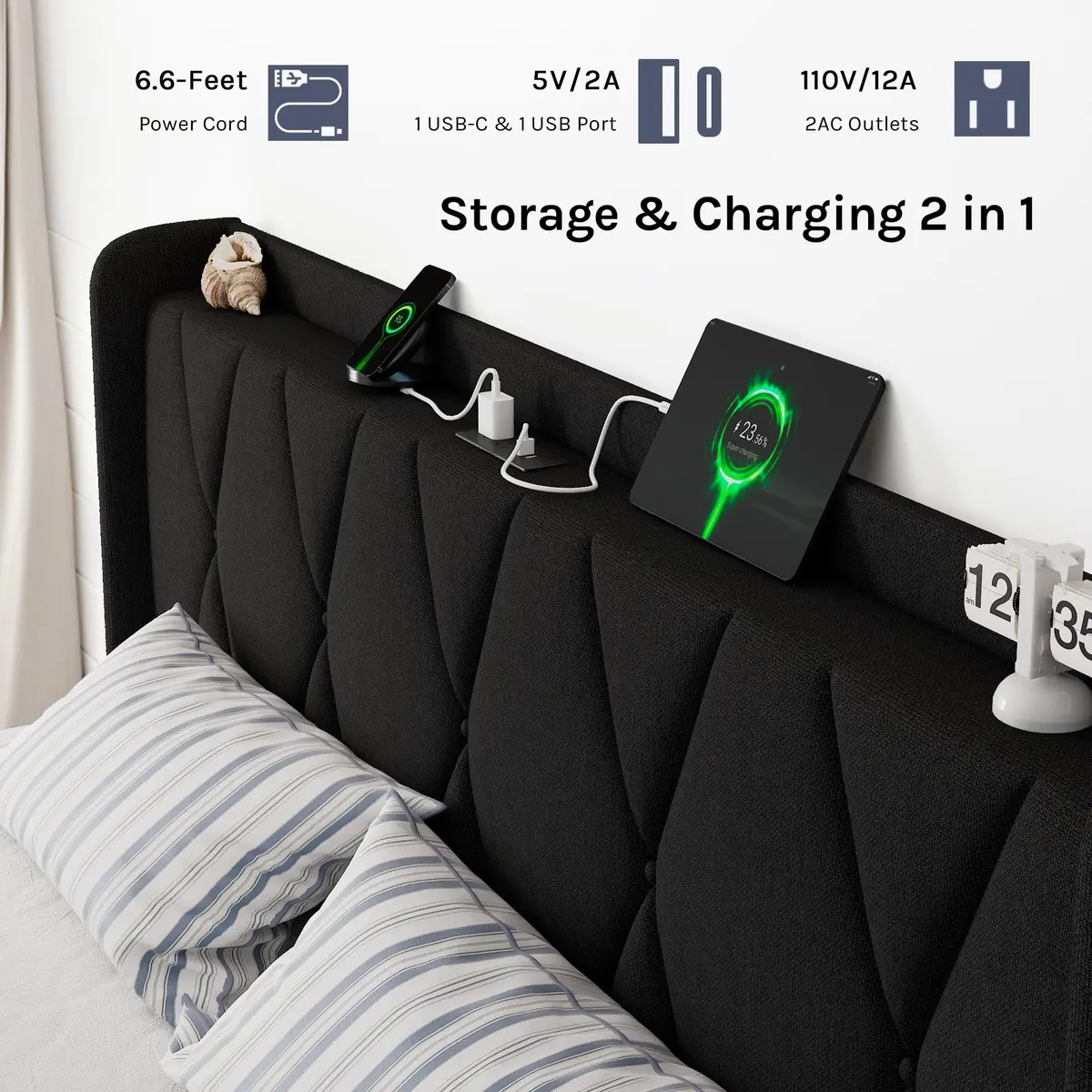 nesture. King Storage Bed Frame with 4 Large Drawers | Upholstered Button Headboard & Charging Station, Noise-Free, No Box Spring Needed - view 5